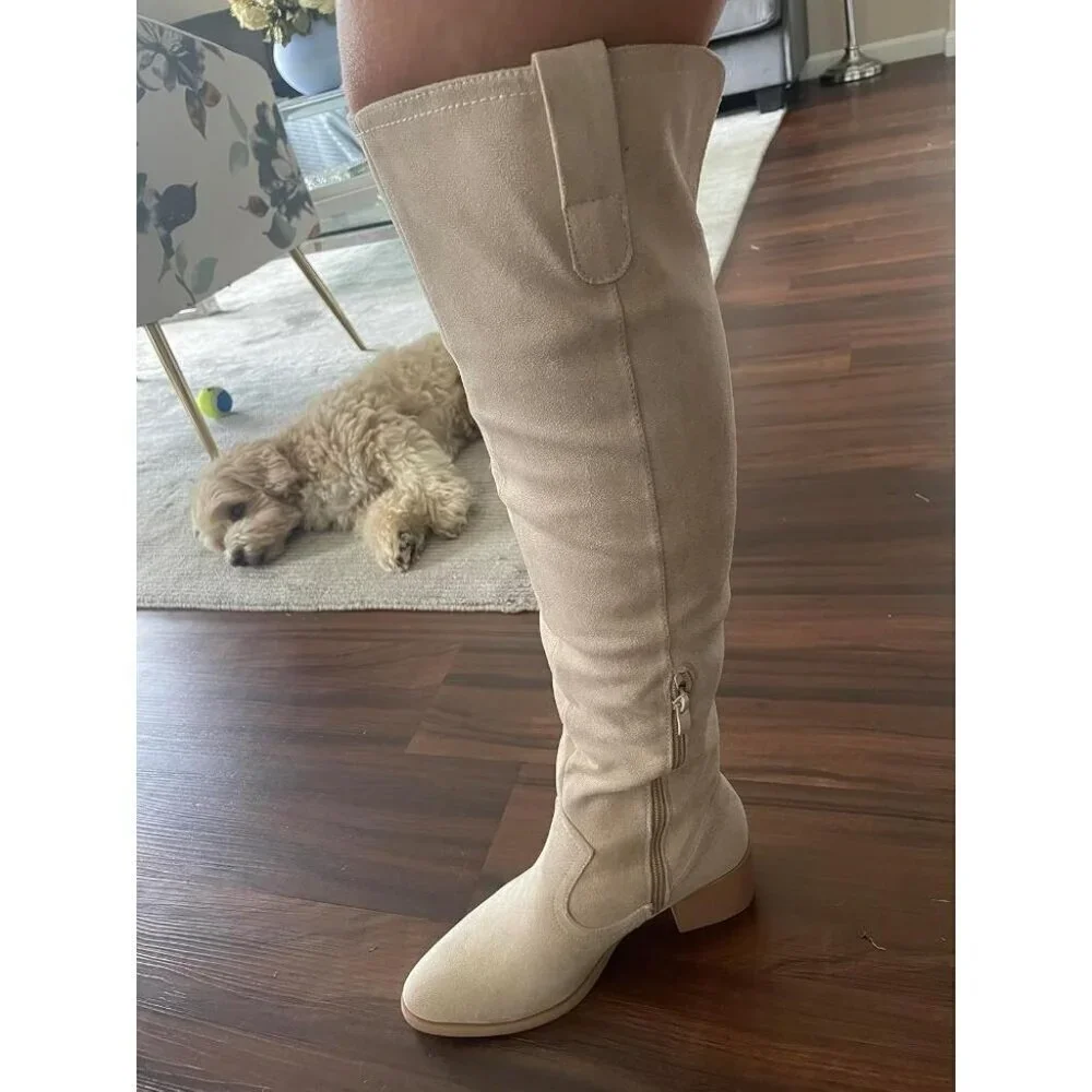 🆕Women's Beige Faux Suede Over The Knee Thigh High Chunky Heel Pointed Toe Boot